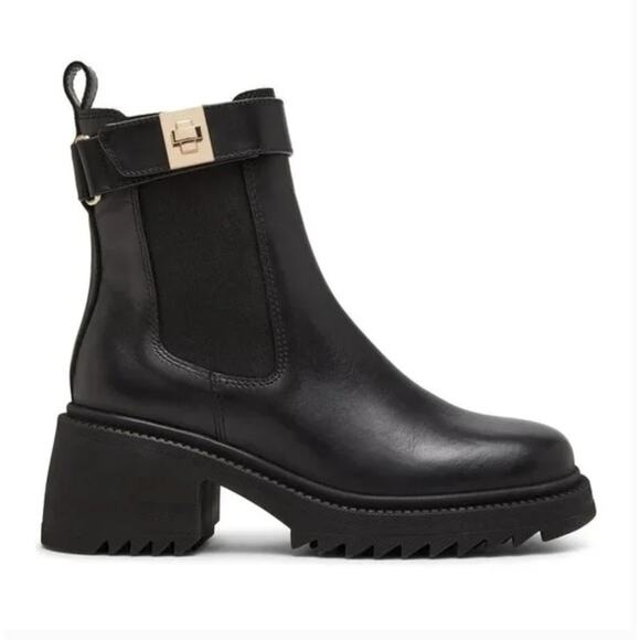 Steve Madden Gates Boots 8.5 Black NWOT Leather Buckle Chelsea Booties Lug - Picture 3 of 10